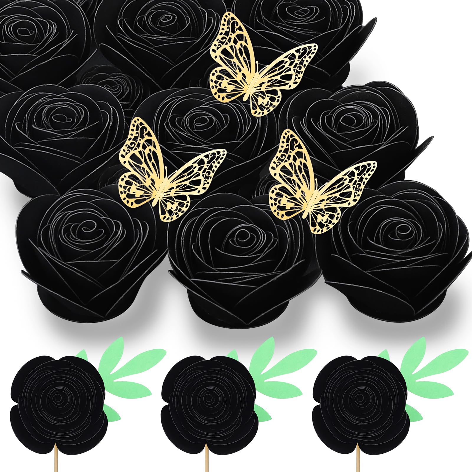 Photo 1 of Mverse Halloween Decorations, Thanksgiving Cake Topper, Rolled Rose W/Wall Sticker Decoration Dorm Room, Bedroom, Graduation Cap, Shadow Box Frame, Garden Party Cupcake (Black)