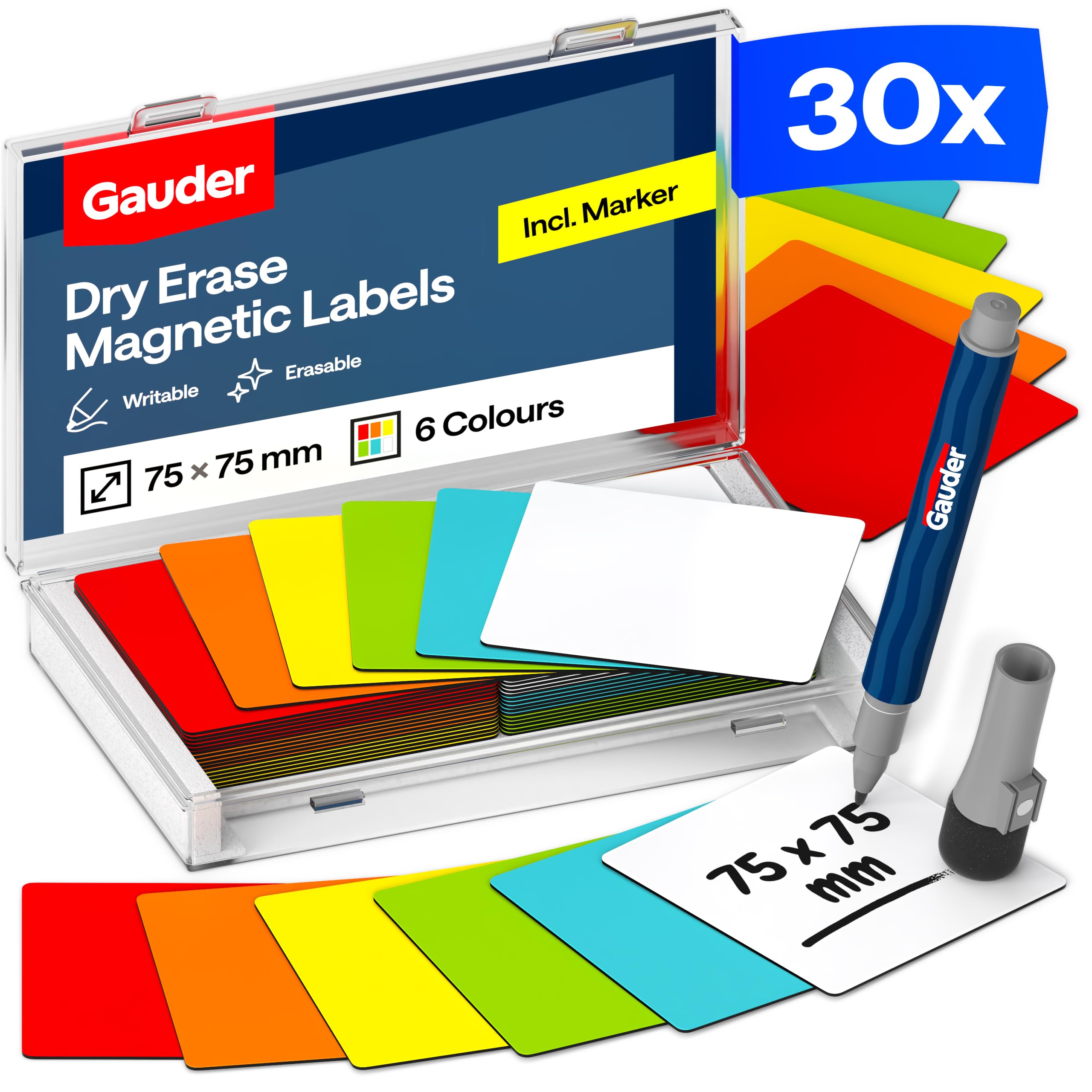 GAUDER Magnetic Labels Writable - Reusable Magnetic Tags for Whiteboard, Blackboard, Kanban Board and Fridge - Magnet Cards with Marker (30 Pieces - 75 x 75 mm)