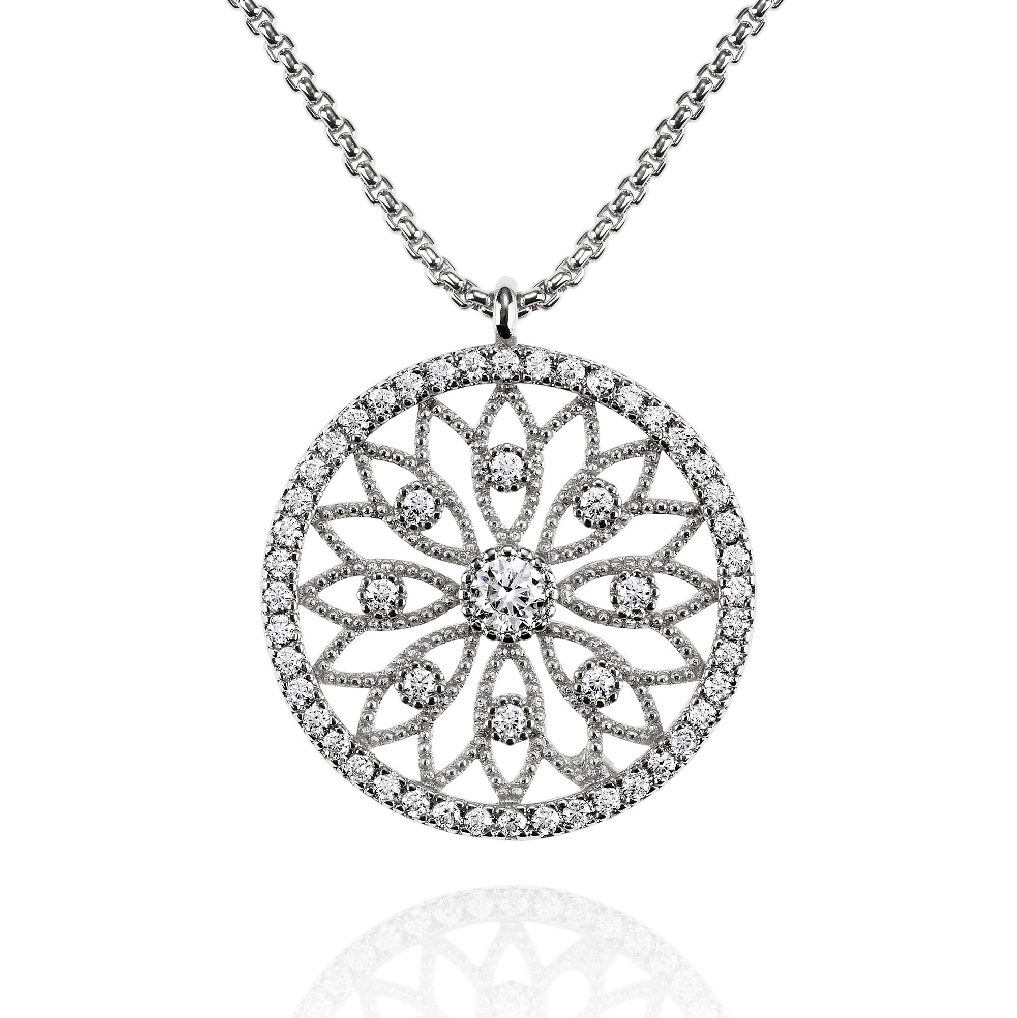 Namana Mandala Arabesque Pendant Necklace. Silver Necklaces for Women set with Cubic Zirconia Gemstones on Intricate Filigree Details. Silver Necklace for Women with Gift Box