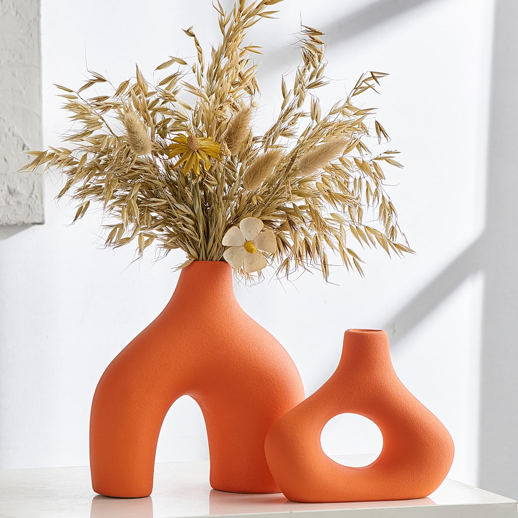 Photo 1 of Octdays Orange Ceramic Vase Decor: Modern Minimalist Vase Set of 2 for Flowers Farmhouse Home Decor for Living Room Table Centerpieces Decoration