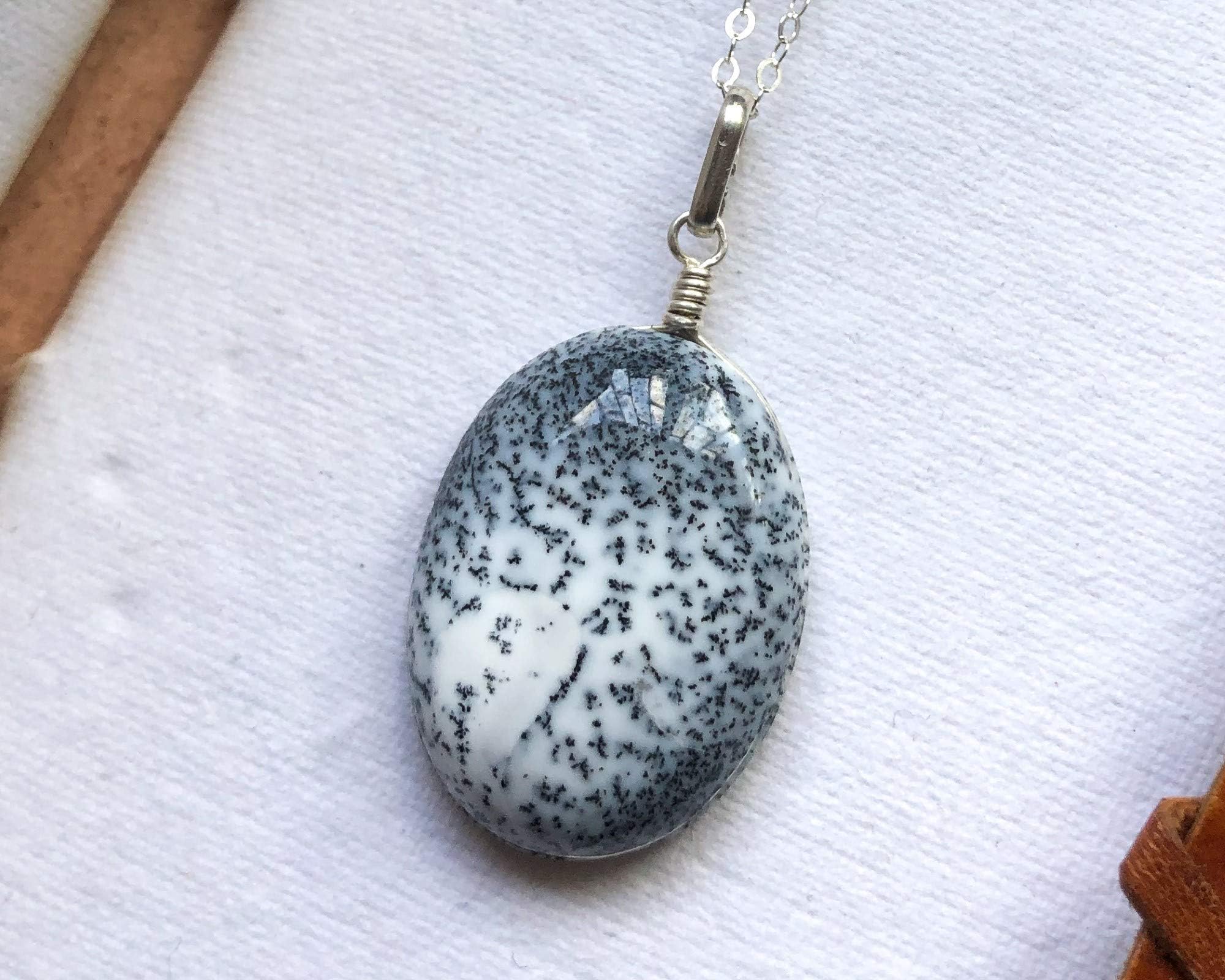 Dendritic Opal silver pendant, Merlinite stone pendant, Oval stone pendant, blue & white shades, natural gemstone pendant, Spiritual Gift