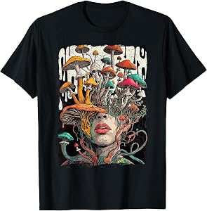 Mushrooms Growing from Human Head Surreal Botanical Art T-Shirt