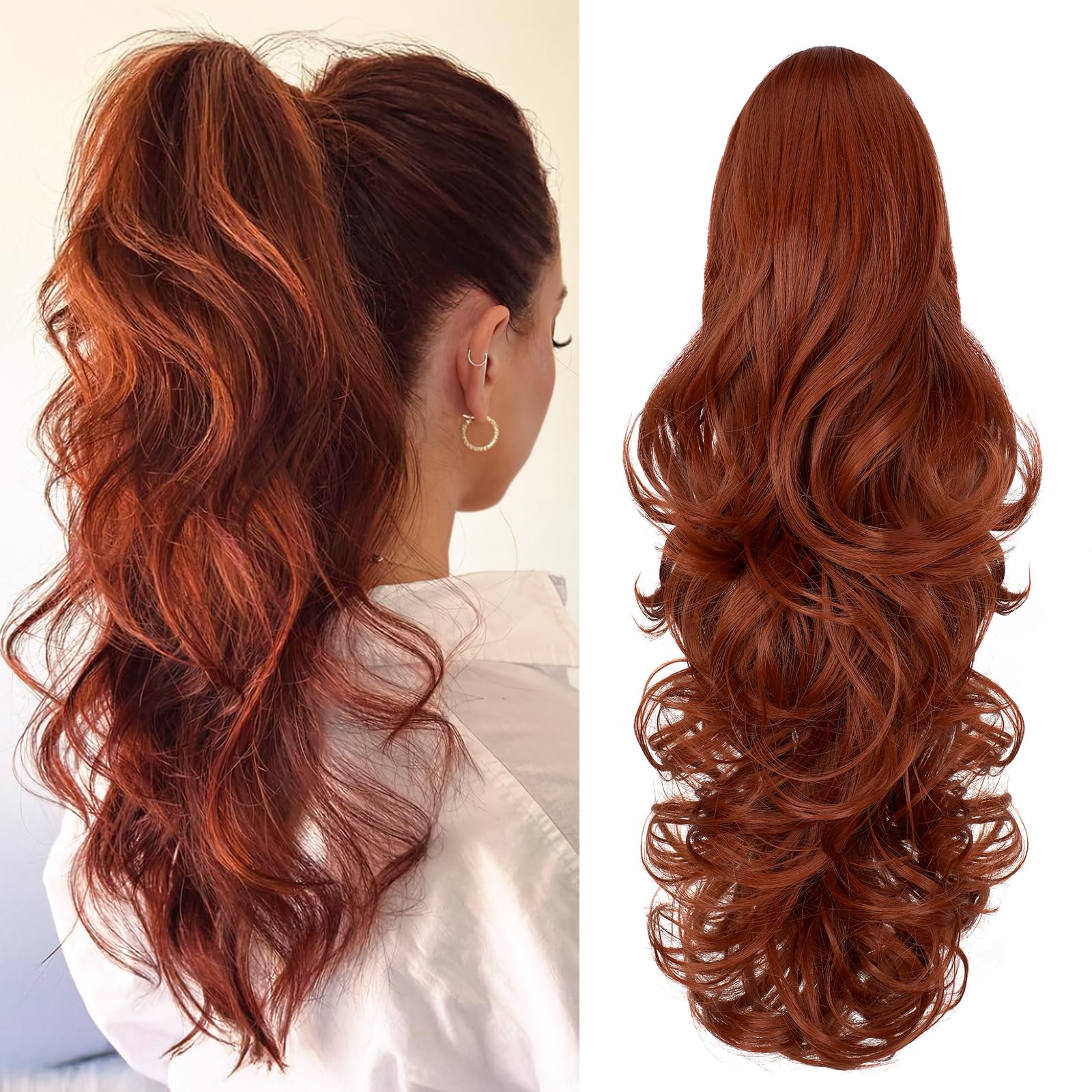 Photo 1 of FELENDY Ponytail Extension Claw 18" Copper Red Curly Wavy Clip in Hairpiece One Piece A Jaw Long Pony Tails for Women