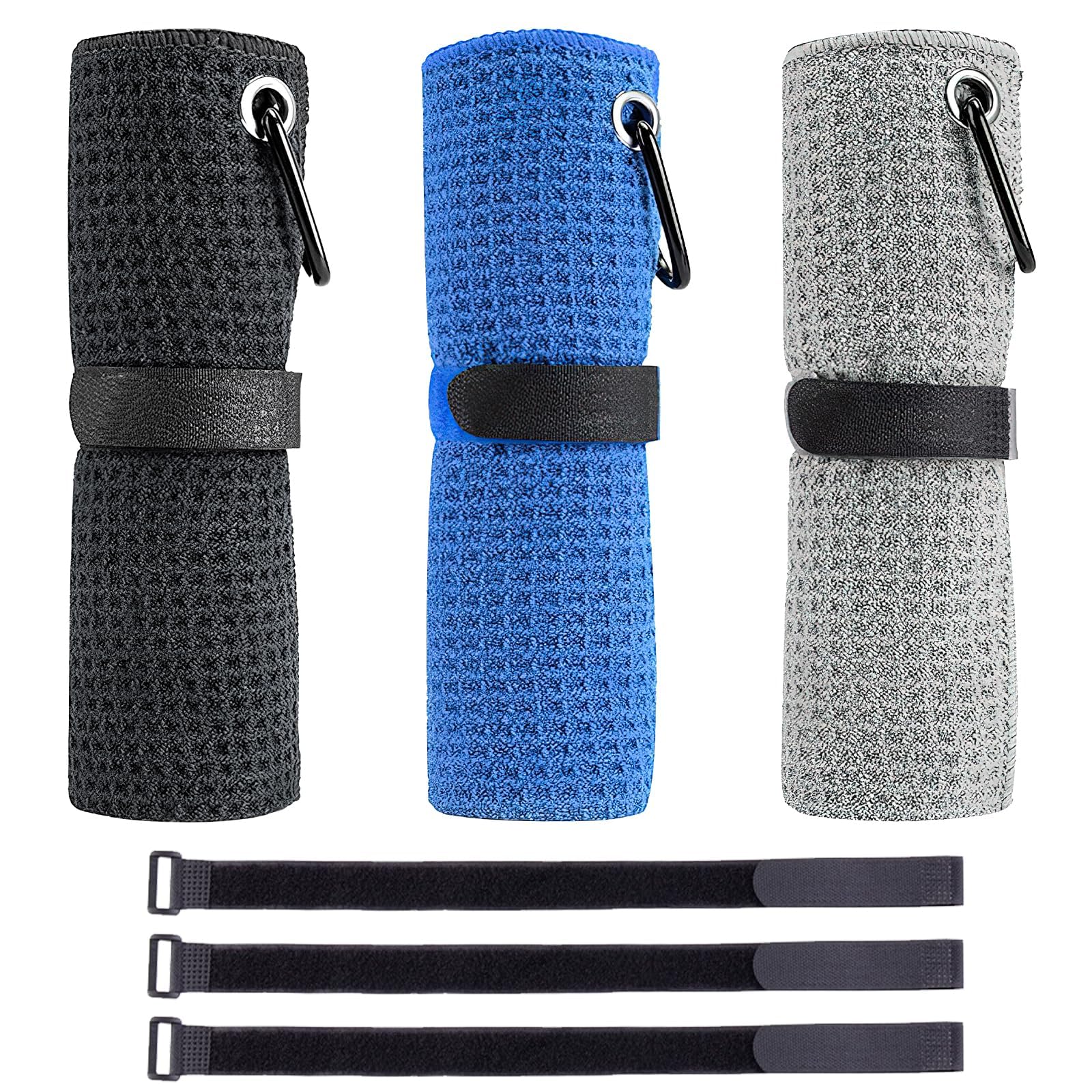 ZOCONE 3 Pack Golf Towel, 30*30cm Golf Towels for Golf Bags with Clip, 3 Colour Microfiber Golf Towels for Men Women, Tri Fold Golf Bag Towel with 3 Magic Strap, Cotton Golf Towel Cleaning Golf Ball