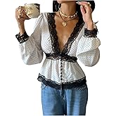 MakeMeChic Women's Polka Dots Lace Blouse Deep V Neck Long Sleeve Ruffle Smocked Tops