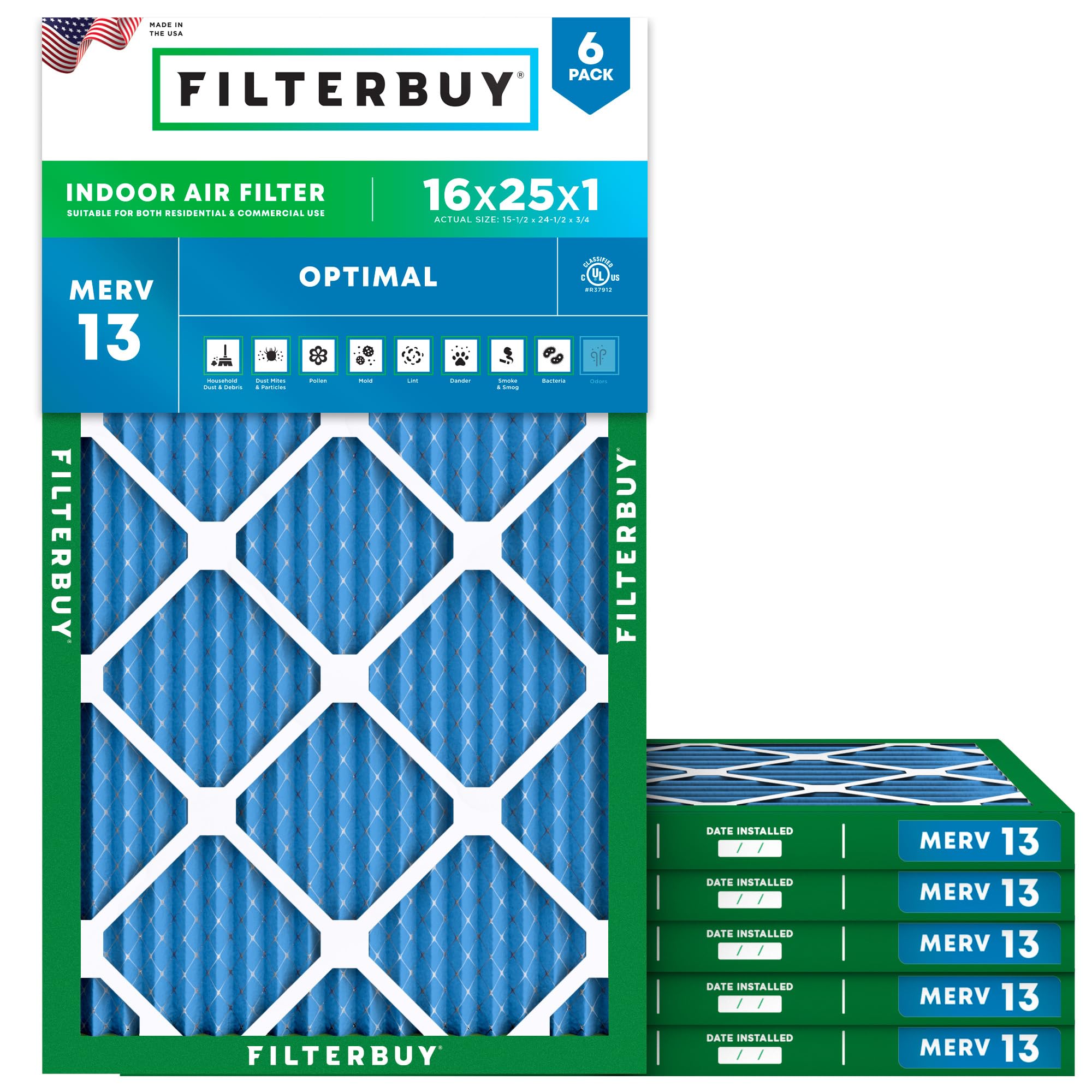 Filterbuy 16x25x1 Air Filter MERV 13 Smoke & Allergy Defense (6-Pack)