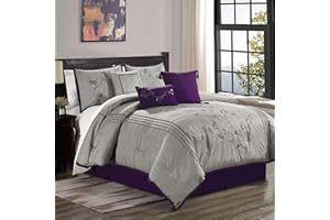 Chezmoi Collection Miki 7-Piece Luxury Floral Purple/Gray Cherry Blossom Embroidery Comforter Set, Queen