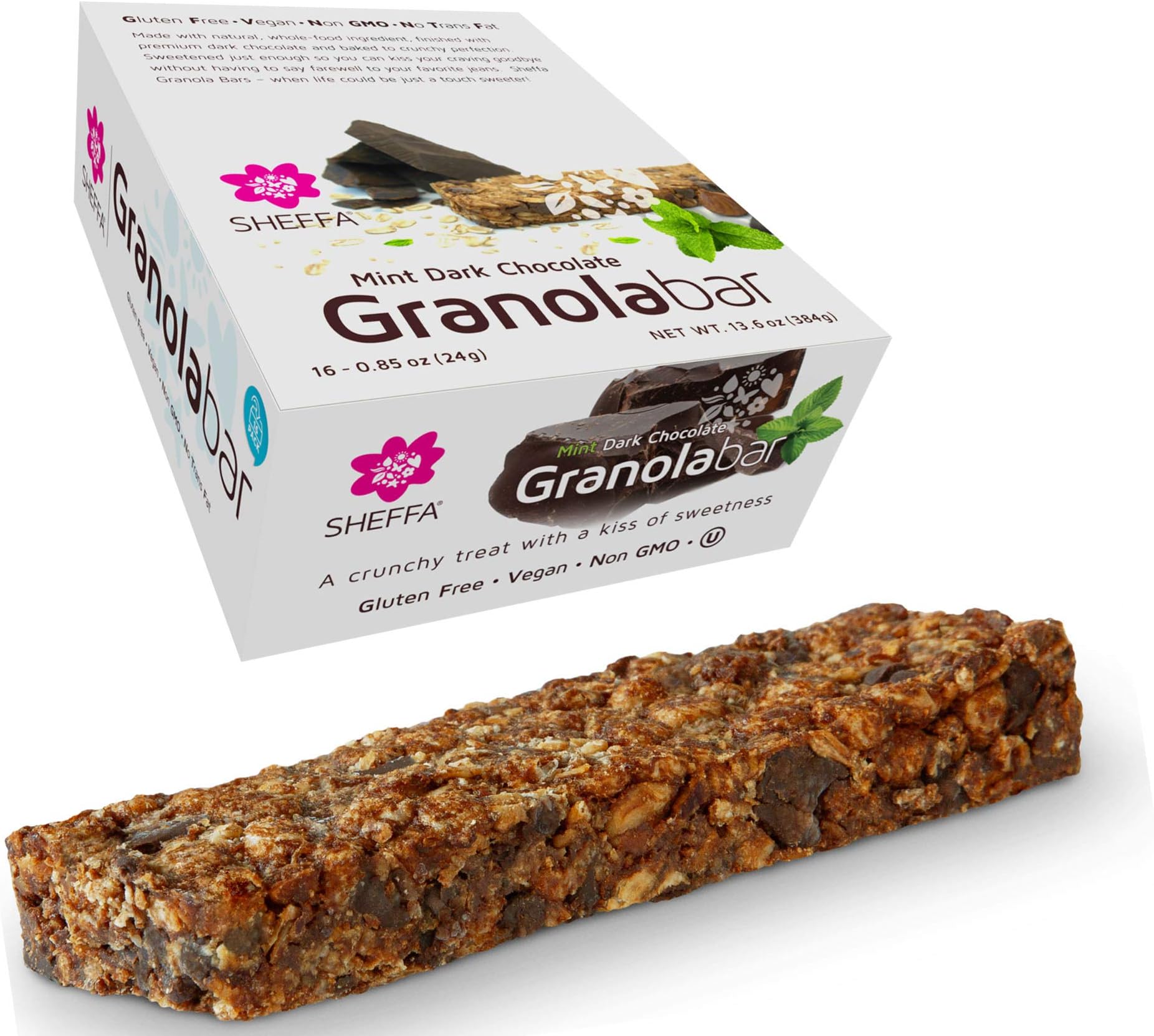 Sheffa Granola Bars Mint Chocolate 0.85 Oz (Pack Of 16) Healthy Crunchy Kind Of Snack Kosher Gluten Free Vegan Low Sodium, Calorie, Carbs for Weight Wacthers Coffee Cereal Breakfast Work Diabetics