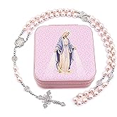 SUTANALE 8mm Pearl Rosary Necklace Catholic Jewelry - Blessed Virgin Mary Beaded Necklace for Women, First Communion Baptism Gift with Prayer Card & Storage Box