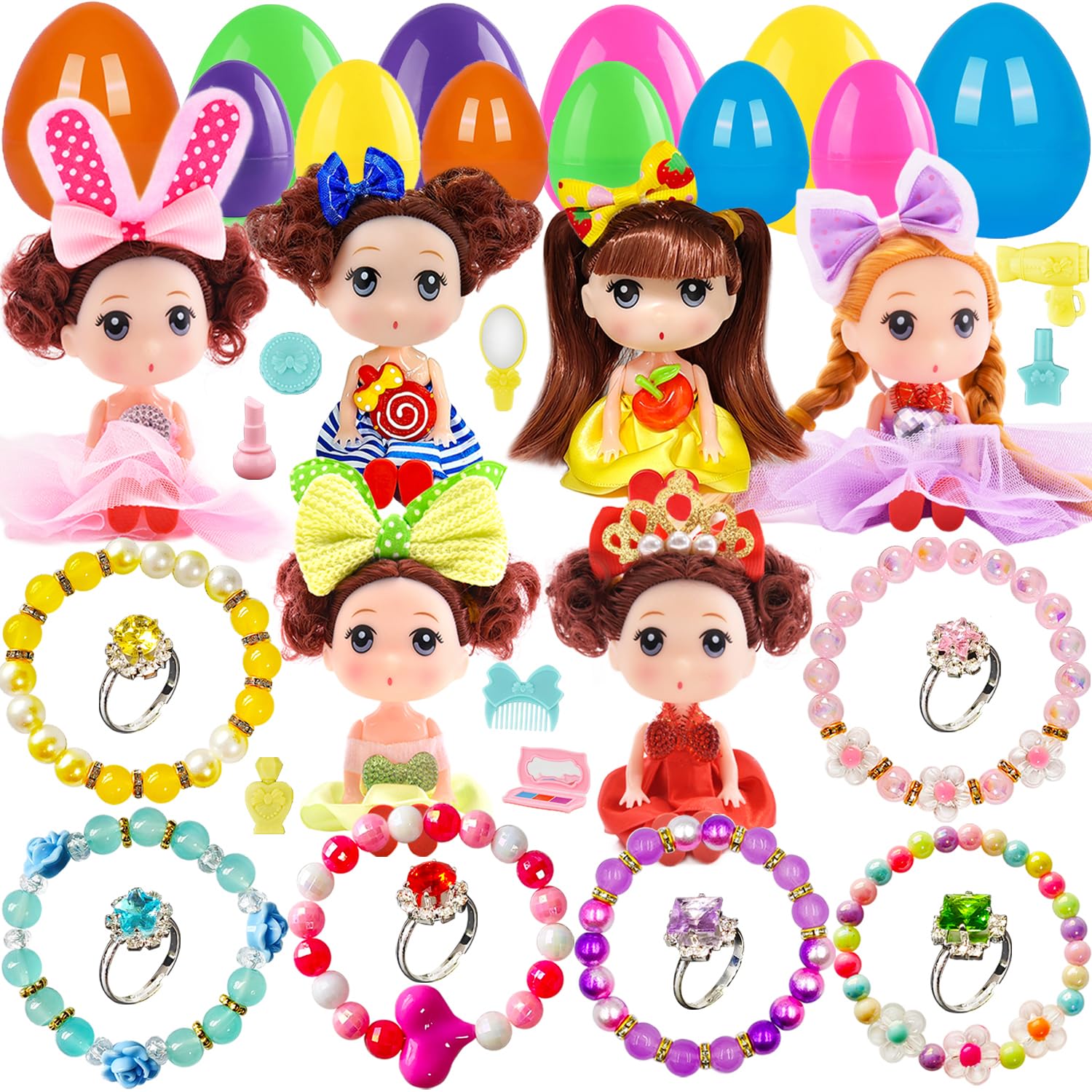 Easter Egg Fillers Prefilled Easter Eggs Filled Easter Basket Stuffers for Toddler Girls Kids with Toys Dolls Girls Gifts Egg Hunt Non Candy Fillers Age 3 4 5 6 7 8+ Years Old