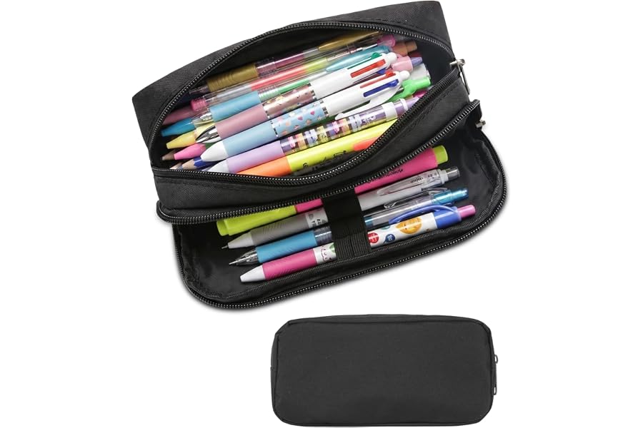 Della Gao Large Pencil Case, Big Capacity Pencil Pouch with 2 Compartments | Office Pencil Bag with Zipper, Big Pen Case for Adults (01-Black)