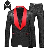MOGU Mens 3 Piece Tuxedo Slim Fit Jacquard Floral Vintage Groomsmen Wedding Prom Suit