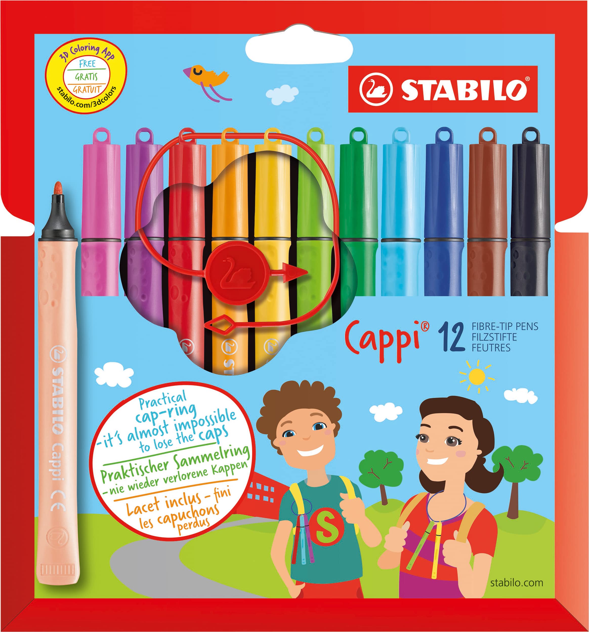 STABILO Cappi - Fibre-Tip Pen with Cap-Ring - Pack of 12 - Assorted Colours with 1 Cap-Ring