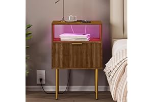 JOONEE Nightstand with Outlet and Led Light, Bedside Table with Storage Drawer, Fluted Side Table for Living Room, Bedroom