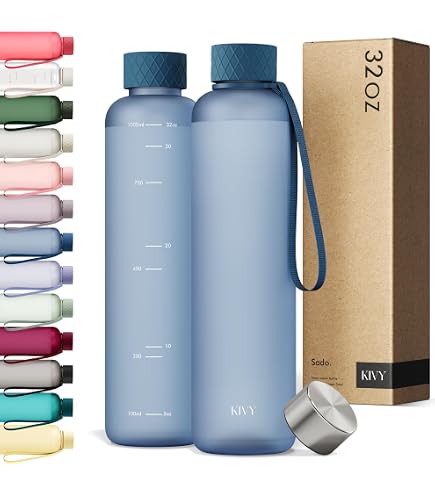 KIVY Bouteille D'Eau En Verre Borosilicate 950 Ml – Manchon Silicone Anti-Choc, Graduations, Bouchon Étanche – Idéale Gym, Voyage, Bureau