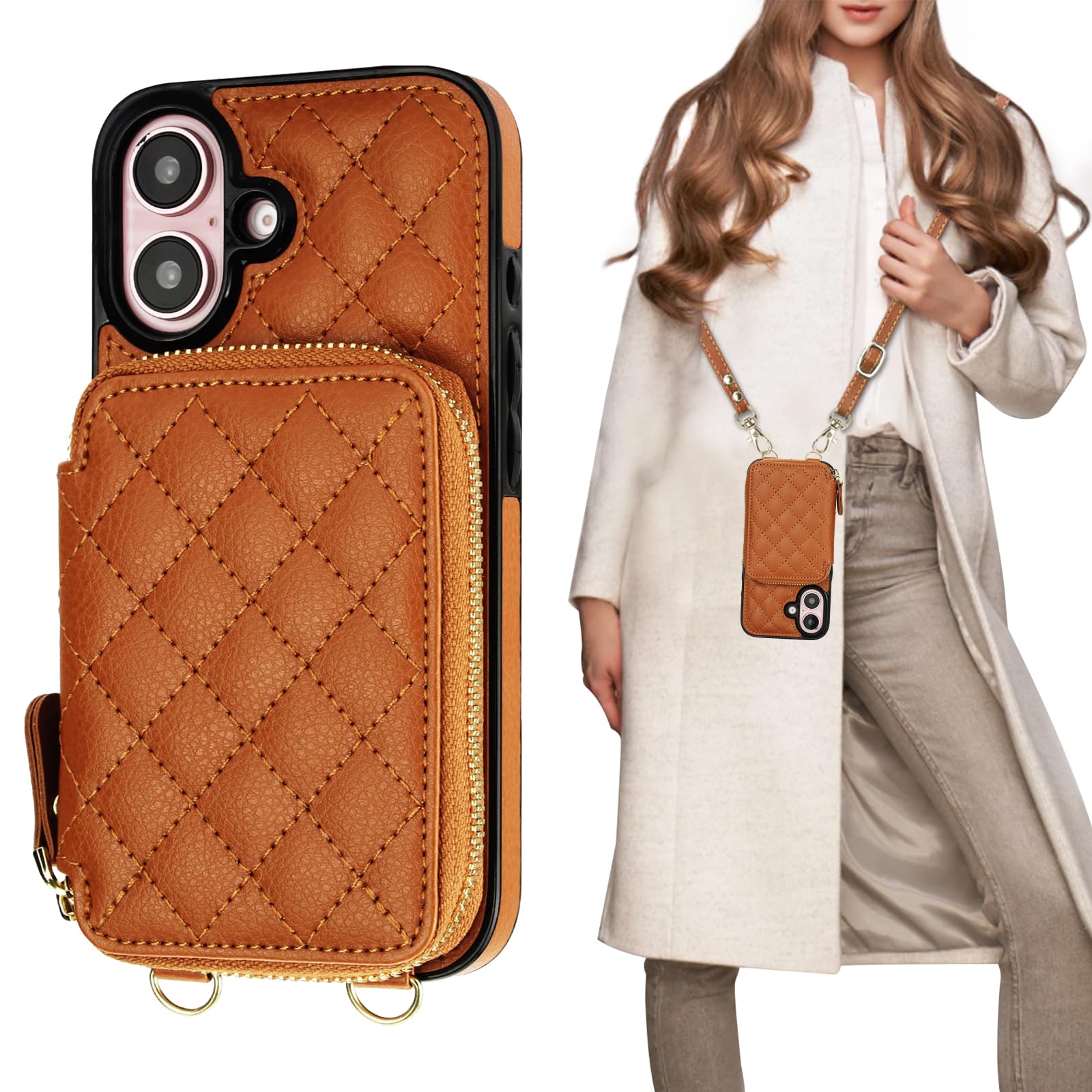 Bocasal Crossbody Wallet Case for iPhone 16, RFID Blocking PU Leather Zipper Handbag Purse Flip Cover, Kickstand Folio Case with Card Slots Holder Wrist Strap Lanyard 5G 6.1 Inch (Brown)