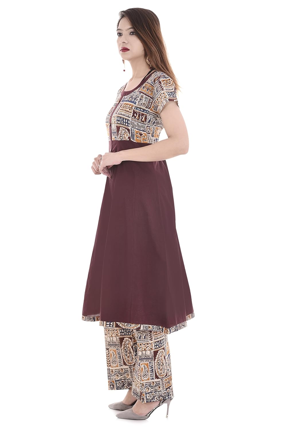 palakh women's cotton dark brown a-line block printed kurti with printed palazzo