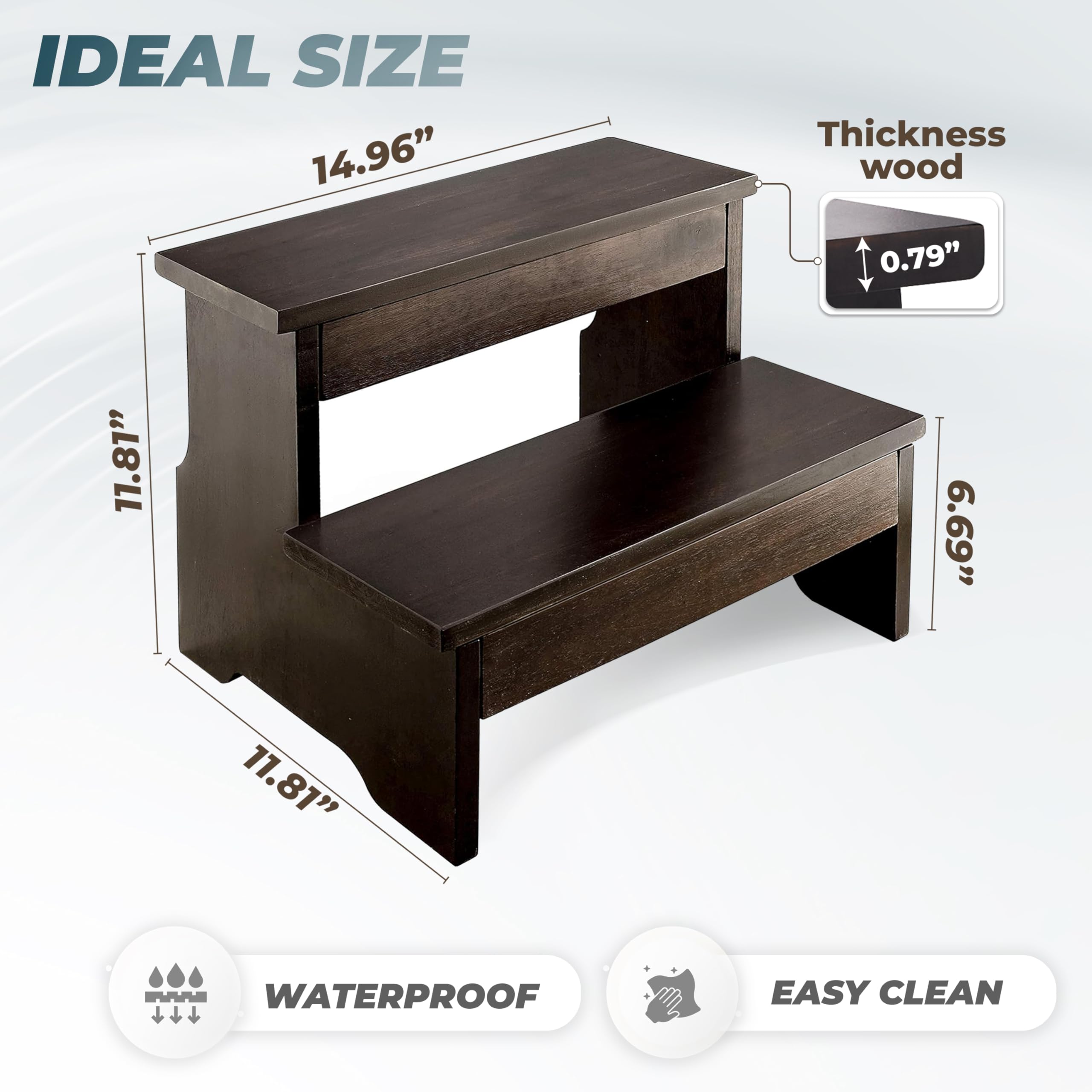Wooden Two Step Stool, Heavy Duty 2-Step Ladder for Adults & Kids, Supports up to 450lbs for Kitchen, Bathroom or Bedside Use (Walnut Finish)