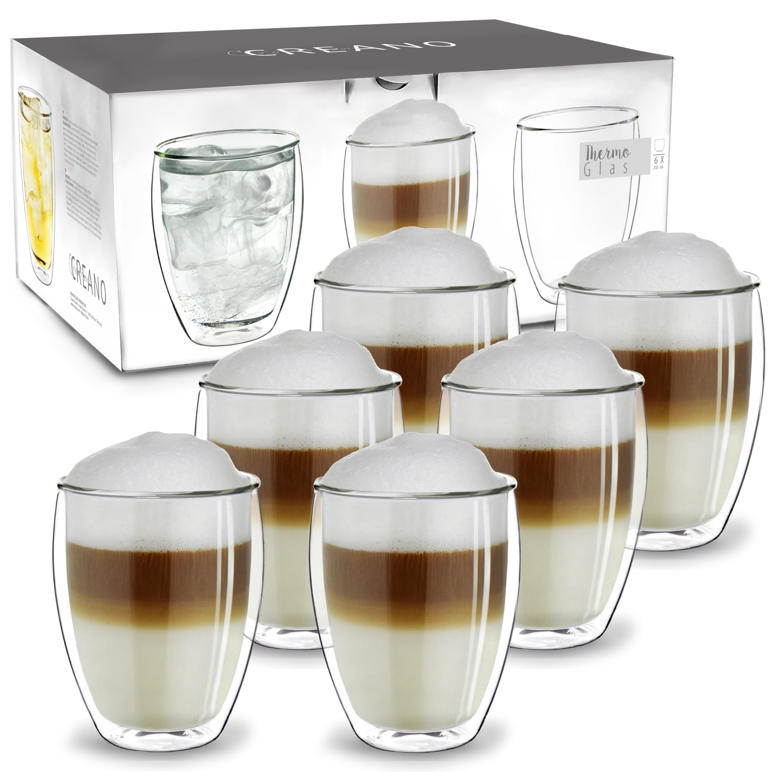 Creano Double Walled Coffee Glasses 250ml - Insulated Cappuccino Cups - Latte Macchiato, Tea - Handmade Heat Resistant Mugs - 6 pcs (Pack of 1)