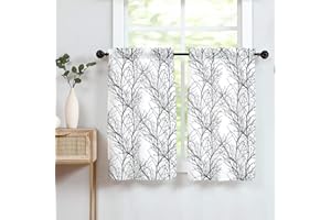 FMFUNCTEX White Black Kitchen Curtains for Bathroom Tree Branch Print Small Tier Curtains 22" x 24" Cafe Curtain Set, 2 Panels