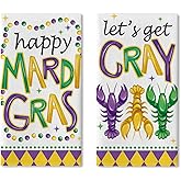 Croar Happy Mardi Gras Crayfish Kitchen Dish Towels Set of 2, Let's Get Cray New Orleans Carnival Drying Hand Towel Baking Cooking Cloth, Beads Masquerade Party Bathroom Home Decoration 18'' x 26''