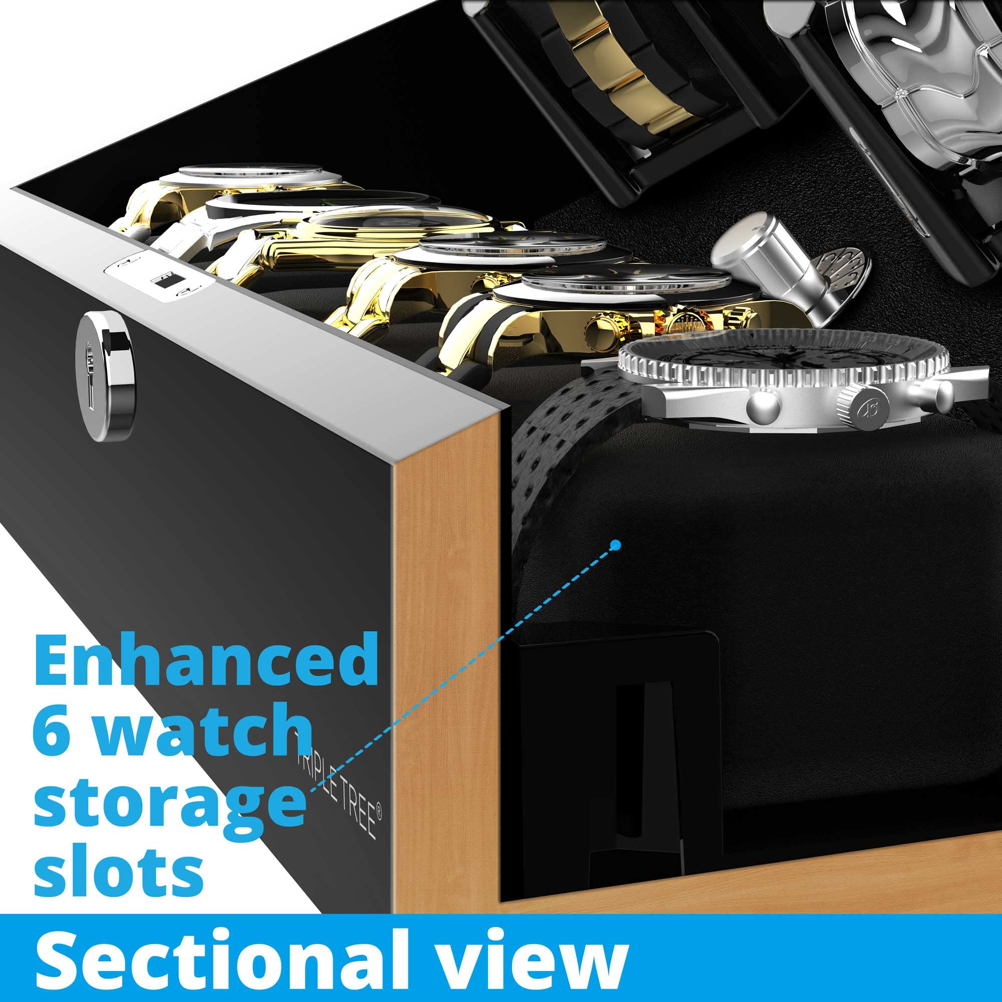 TRIPLE TREE Watch Winder for 4 Automatic Watches, with Extra 6 Watch Storages, Wood Shell Piano Finish, Silent Motor, Flexible Watch Pillow