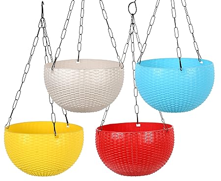 HINS 9 Inch Superior Hanging basket Flower Pot Set of Multicolor For Indoor And Outdoor Gardening (Set Of 4(Red,White,Skyblue, Yellowe))Gamla For Garden 12 Inch I 12 Inch Pots For Plants I Pots For Plants I Succulent Pot Empty I Plastic Tub For Gardening I Flower Pots For Garden Big Size 12 I Falawar Pot For Garden I Fiber Gamla I Plastic Pot I 12 Inch Pot I Flowwr Pot I Flowee Pots