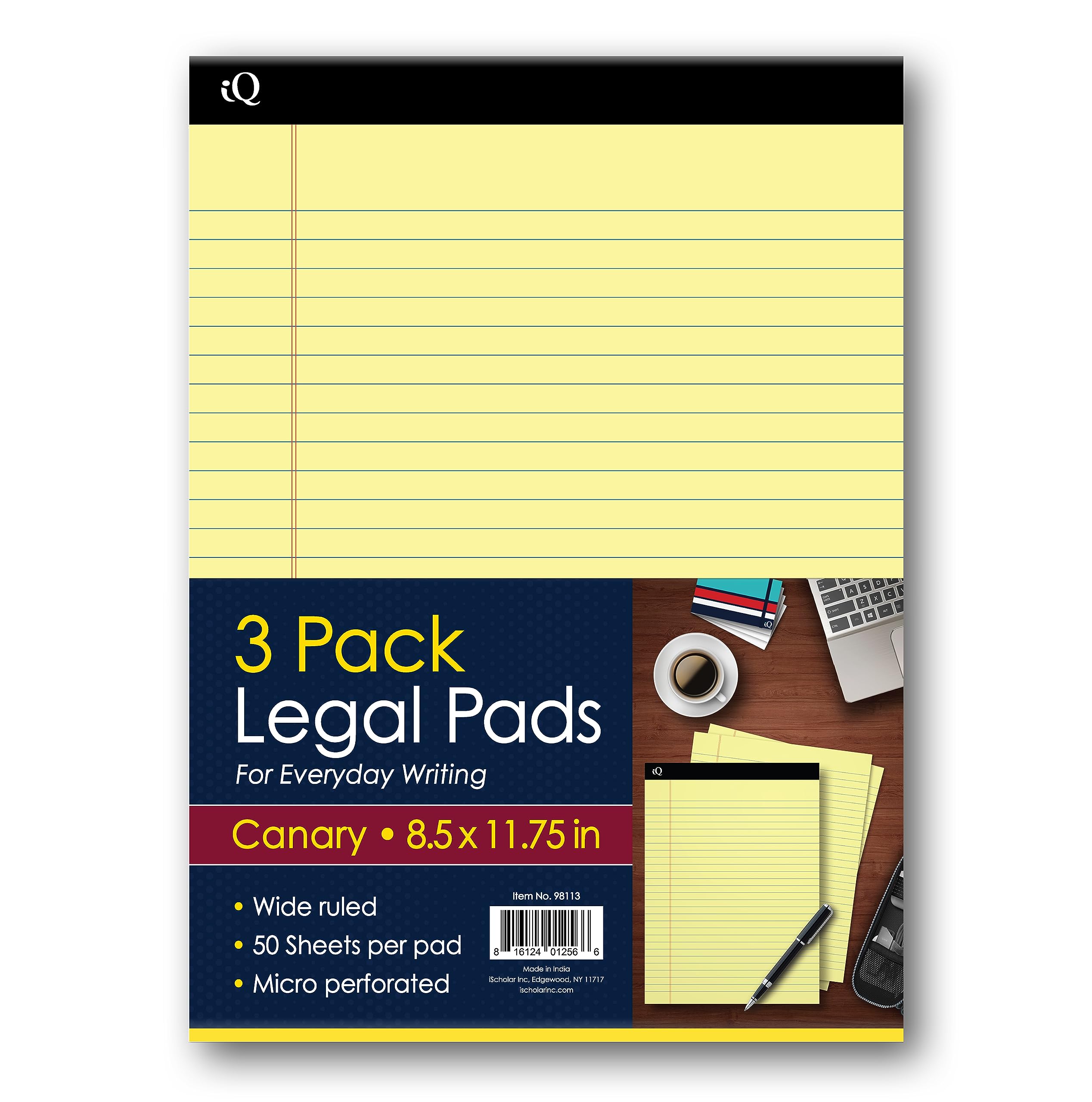 iScholar iQ Legal Pads, Canary, Wide Ruled, 8.5" x 11.75", 50 Sheets Per Pad, Pack of 3 Pads (98113)