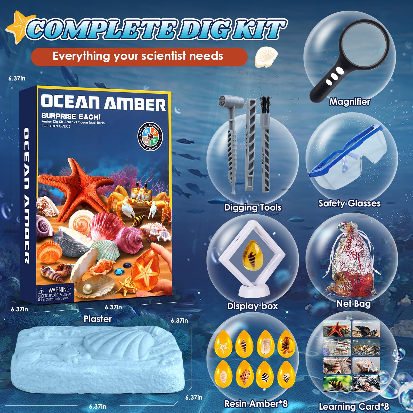 Ocean Dig Kit - 8 Specimens Excavation Kit, Gemstone for Kids, Fossil Ocean Toys Dig Kits for Amber Collection, Ocean Toys for Boys Girls 6 and up Year Old Birthday Gifts