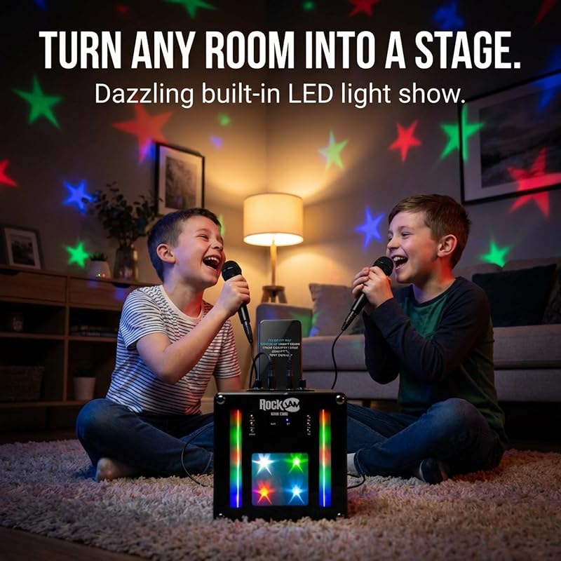 Singcube - Máquina de Karaoke Bluetooth recarregável de 5 watts com dois microfones, efeitos de alteração de voz e luzes LED, cor preta