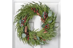 ZESUA Christmas Decorations - 22 Inch Artificial Norfolk Pine Christmas Wreath with Pine Cones, Eucalyptus, and Red Berries Perfect for Front Door - Indoor Outdoor Holiday Decor for Mantle, Wall, Window