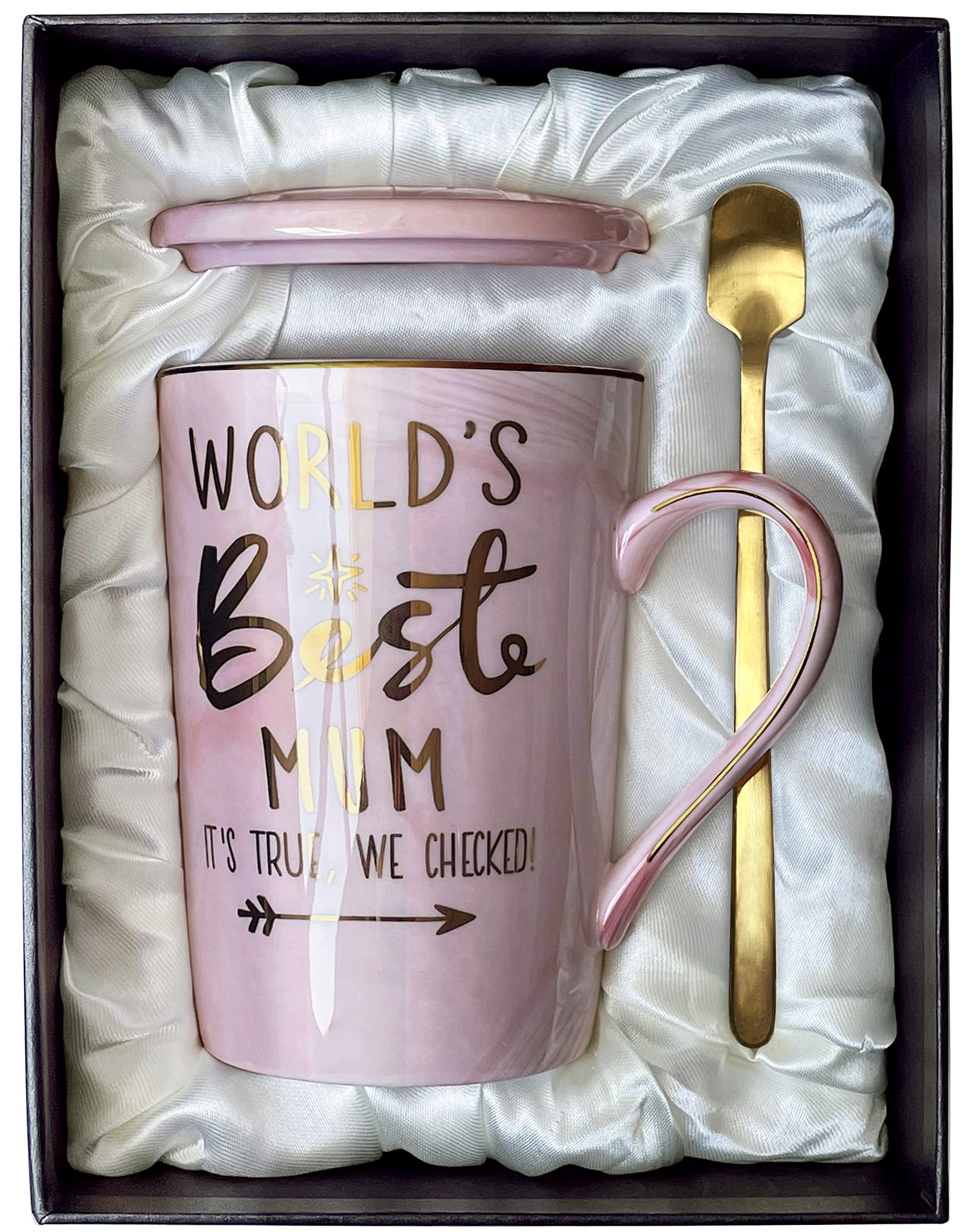Mum Birthday Mothers Day Gifts for Mum from Daughter Son - World's Best Mummy Mug, Funny Presents for New Mother to Be, 14Oz Pink Marble Ceramic Coffee Cup with Gold, Greeting Card, Neatly Gift Boxed