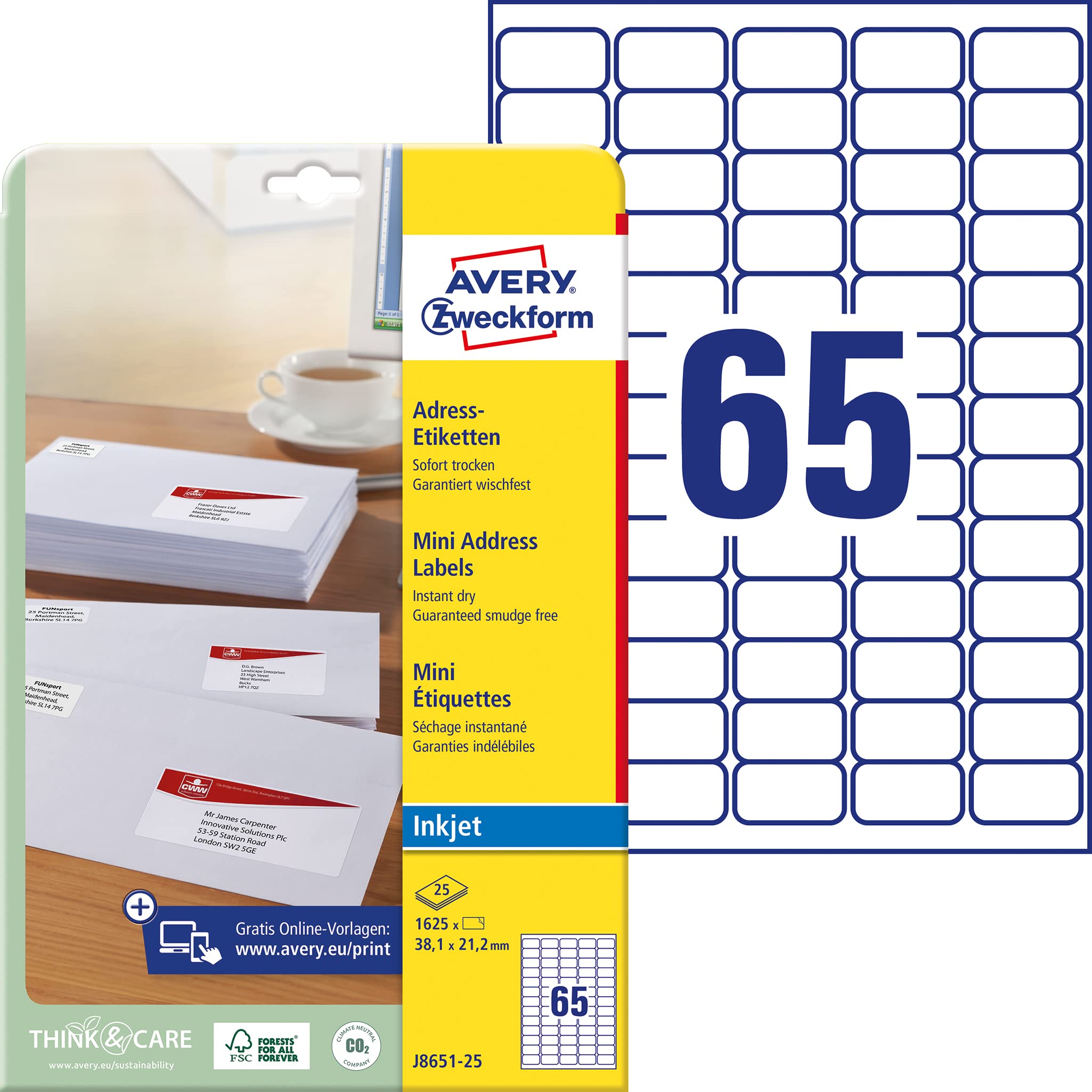Avery Zweckform J8651-25 Mini Labels, 38 x 1 x 21.2 mm, 25 Sheets