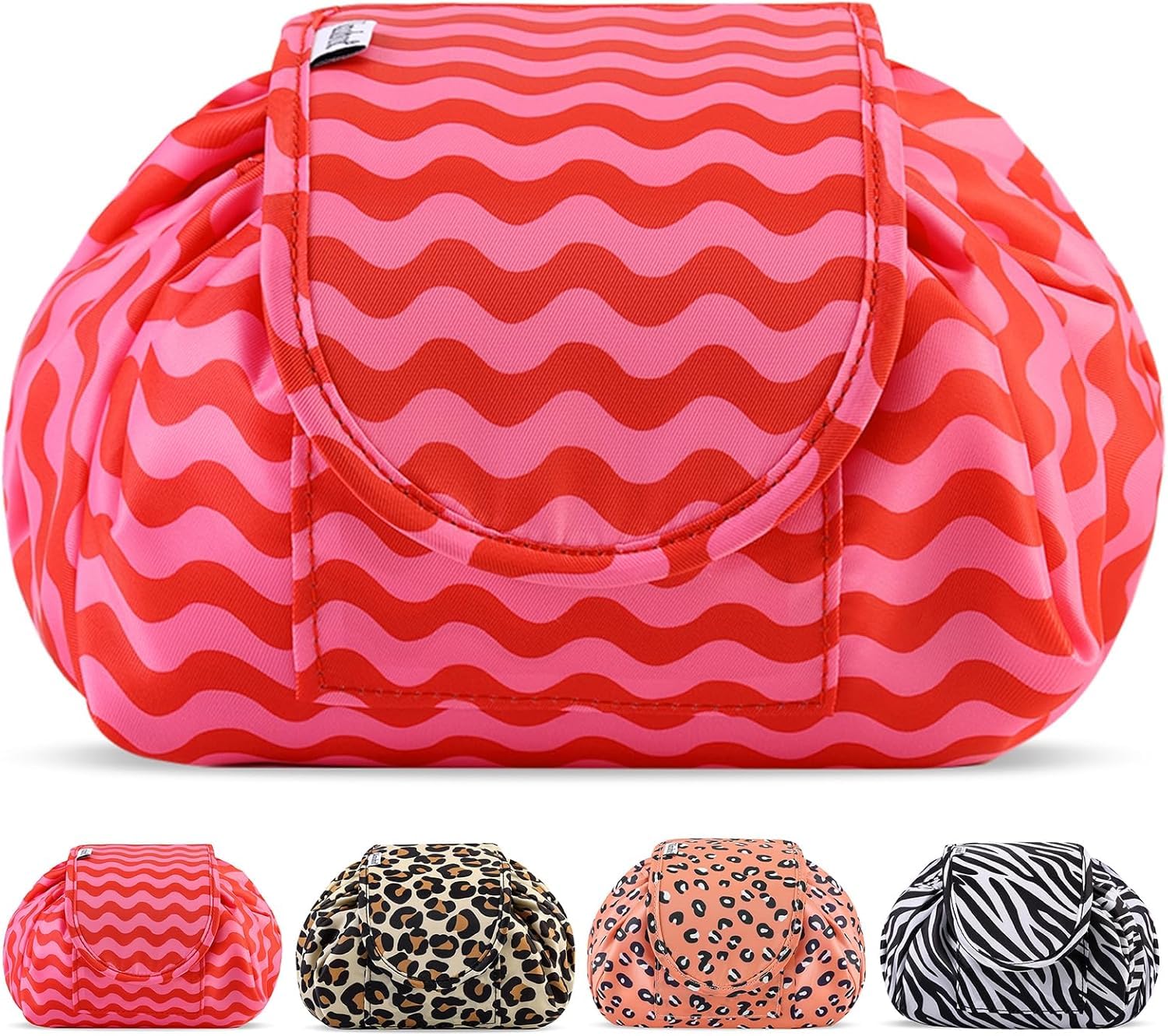 Lazy Drawstring Makeup Bags, Large Capacity Waterproof Travel Portable Cosmetic Bag Pouch Makeup Pouch Storage Organiser for Women Girl (Red Wave) — image 1