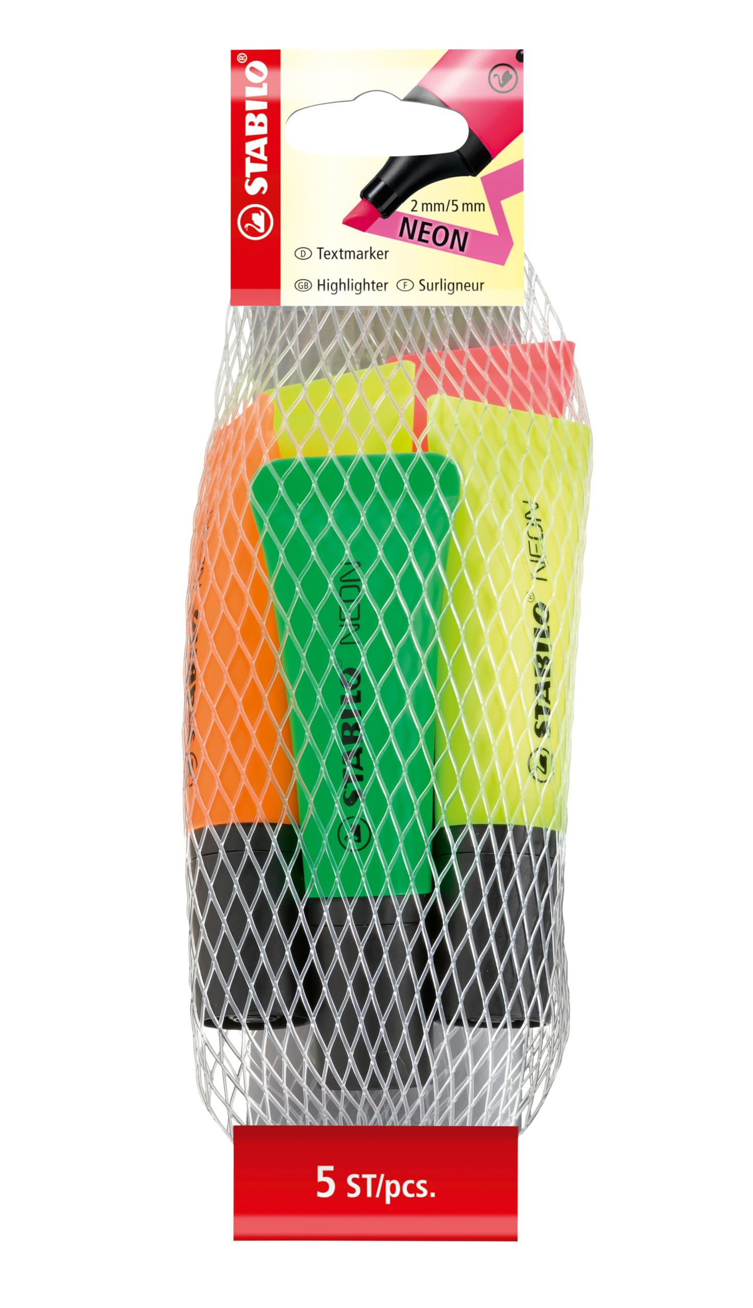 STABILO Highlighter NEON - Pack of 5 - green, orange, pink, 2 x yellow