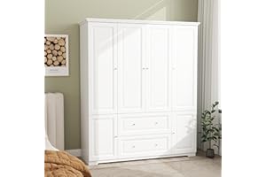 Mhsatyrs Wood Wardrobe Closet with 6 Grooved Doors, 74" Modern White Wardrobe Cabinet, Armoire with Shelves and 2 Drawers,Tall Bedroom Armoires with Hanging Rod (White, 58")