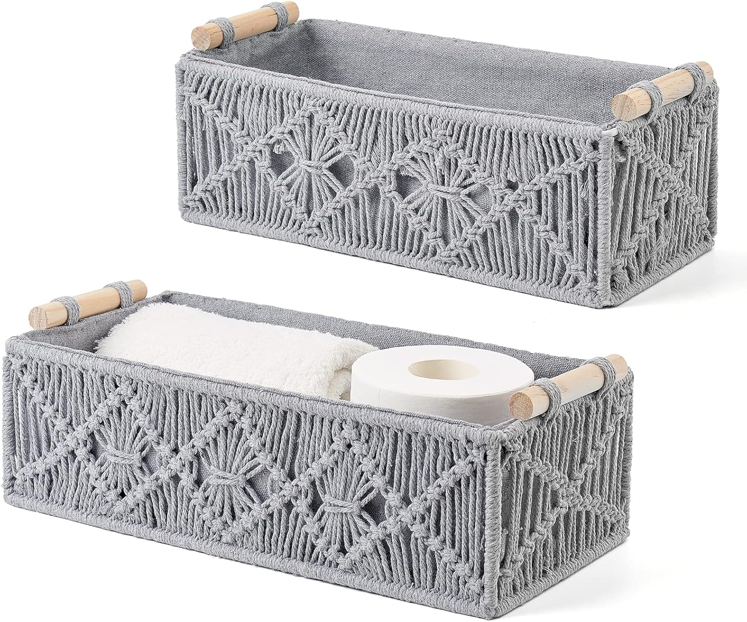 Mkono Macrame Storage Baskets Decor Box Handmade Woven Decorative Countertop Toilet Tank Shelf Cabinet Organizer Boho Decor for Bedroom Nursery Livingroom Set of 2, Grey