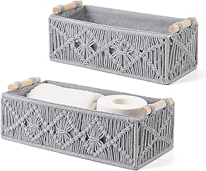 Mkono Macrame Storage Baskets Decor Box Handmade Woven Decorative Countertop Toilet Tank Shelf Cabinet Organizer Boho Decor for Bedroom Nursery Livingroom Set of 2, Grey