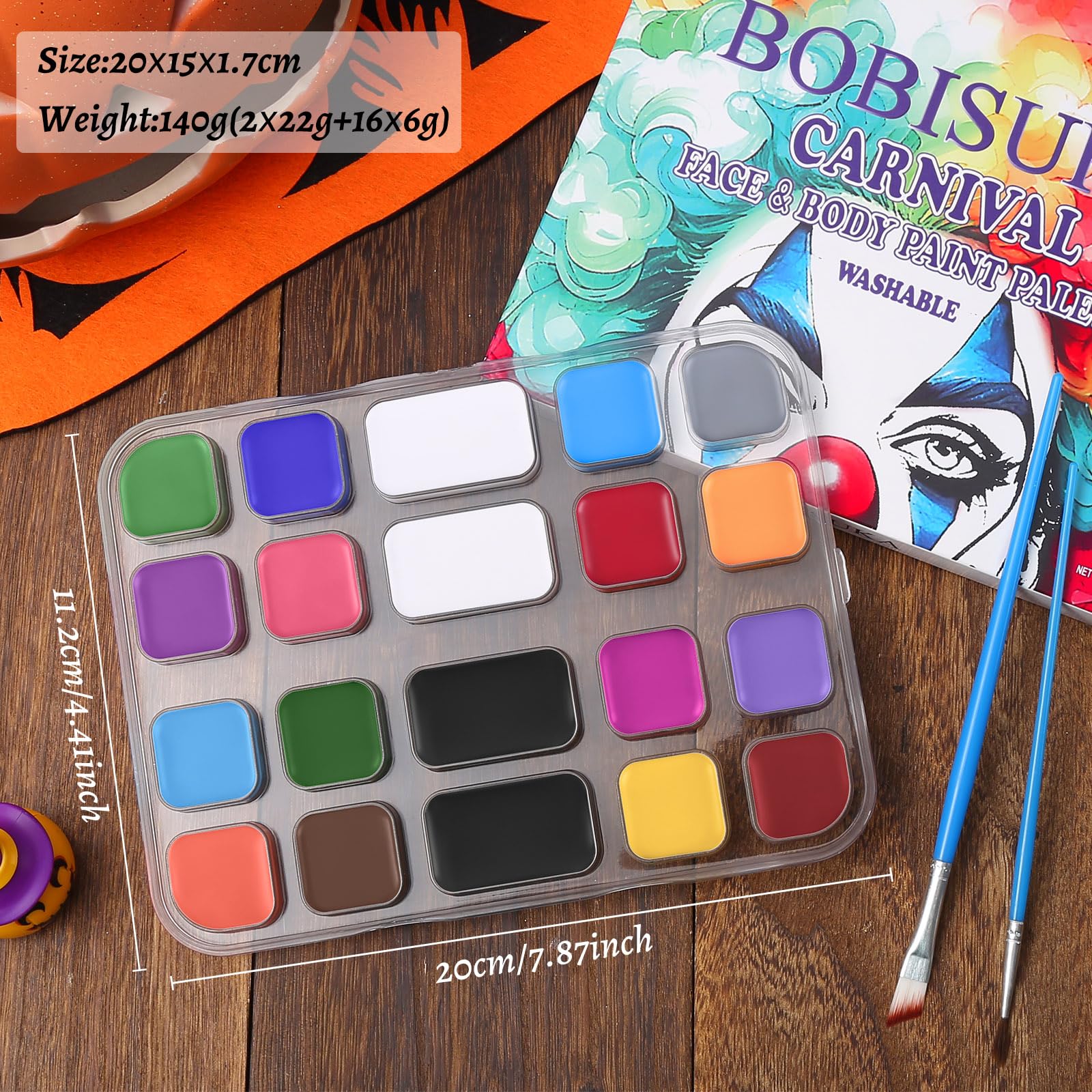 BOBISUKA 18 Color Washable Face & Body Paint Palette with Brushes, Extra Black & White Pans, Highly Pigmented Cream Formula Face Painting Kit for Halloween, Carnival, Cosplay, Festivals & SFX Makeup