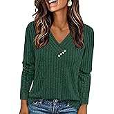 PRETTYGARDEN Women's Long Sleeve Shirts 2026 Fall Fashion Clothes Ribbed V Neck Spring Loose Tunic Tops Lightweight Sweaters