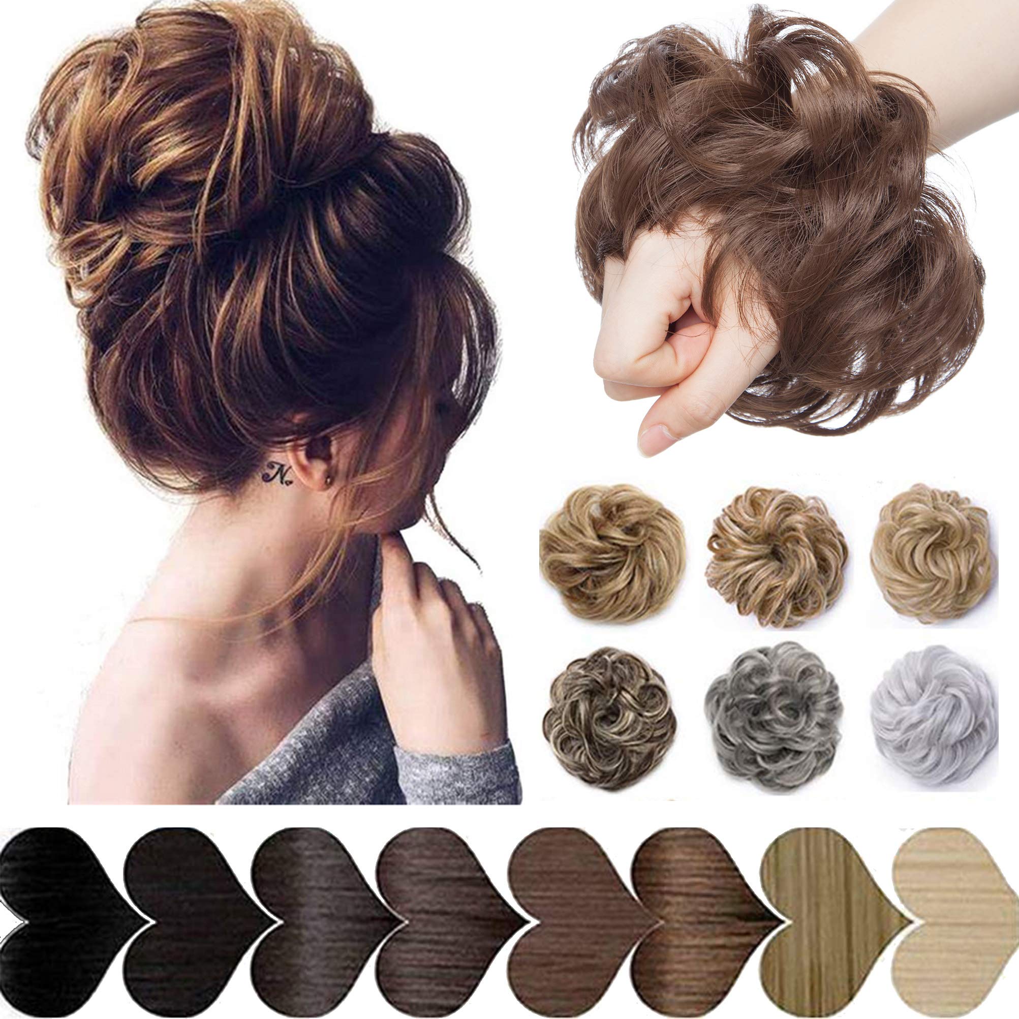 Messy Hair Bun Synthetic Extension Scrunchy Donut Curly Wavy Updo Elastic Scrunchie Thick Full Wedding Hair Pieces Bridal Hairpiece Easy Bun Updos Chignon for Women Kids Chocelate Brown