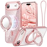 Meifigno Designed for iPhone Air Case with Ring Stand (6.5"), [Built-in Mirror] [Compatible with MagSafe] [Glitter Card & Wrist Strap] Removable Phone Stand +Designed for iPhone 17 Air Case, Rose Gold