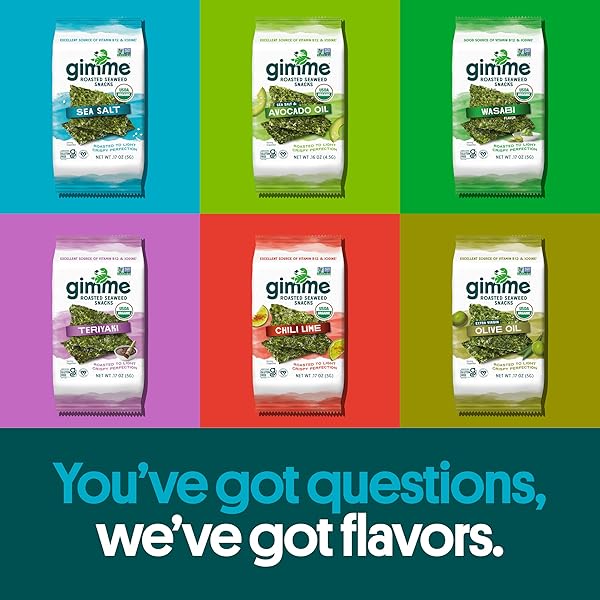 GIMME SEAWEED ORGANIC PREMIUM ROASTED SEAWEED SNACKS, NEW 6 FLAVOR VARIETY PACK, 12 COUNT (2 EACH) KETO, VEGAN, GLUTEN-FREE, SOURCE OF OMEGA3S AND IODINE, HEALTHY ON-THE-GO SNACK FOR KIDS AND ADULTS