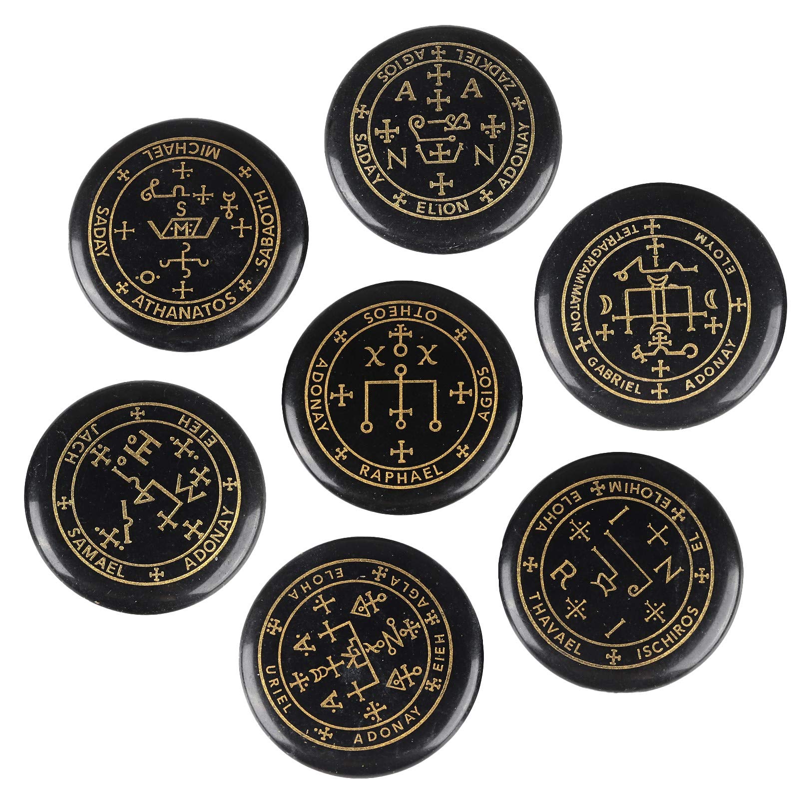 mookaitedecor 7 Piece Black Agate Stones with Engraved Magic Archangel Symbol Polished Palm Stone for Reiki Crystal Healing