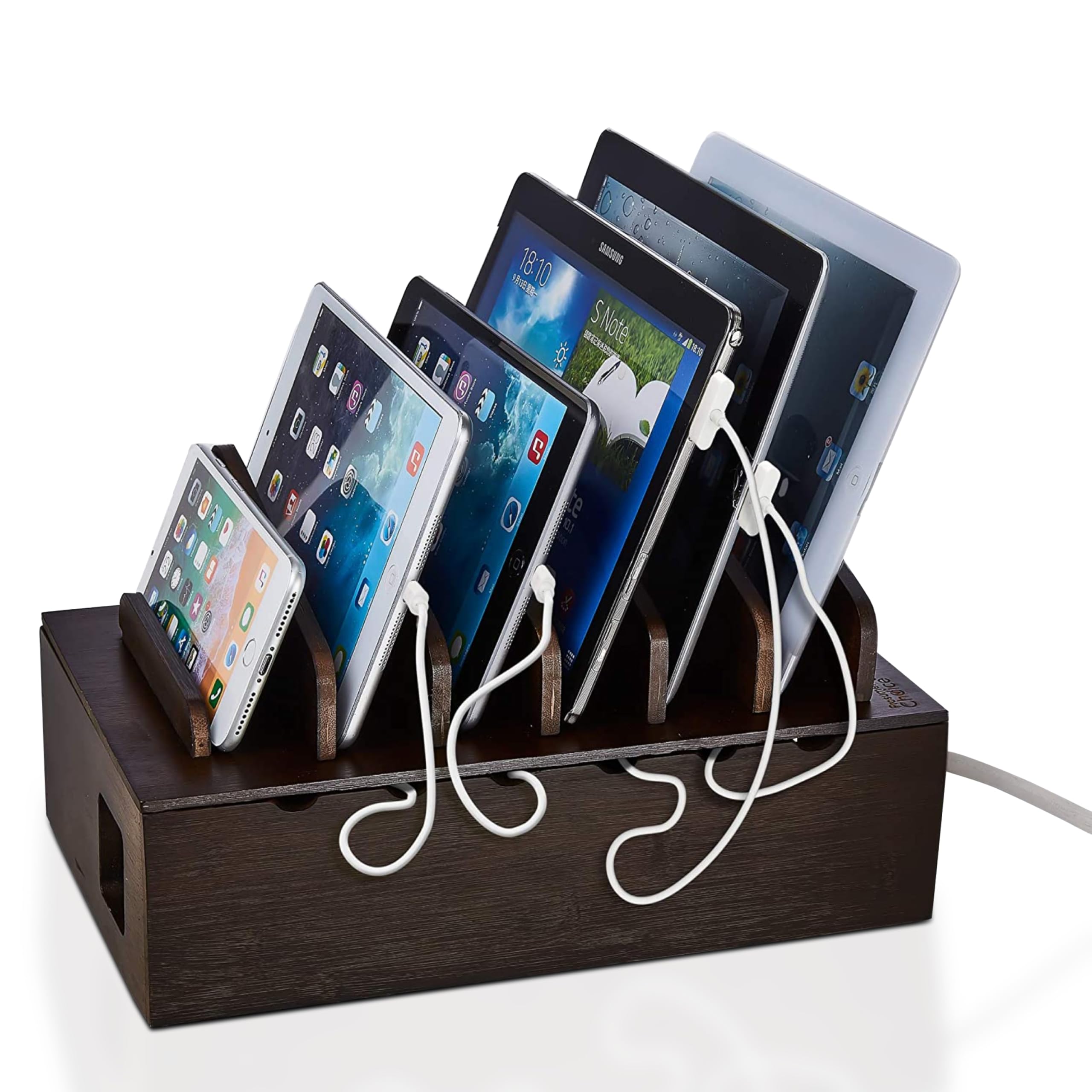 Prosumer's Choice Multi Device Charging Station - Desktop Charging Dock and Organizer for Multiple Devices - Wooden Charger Station for Home Office - Fits 6 Phones, Tablets, Electronics - Dark Brown