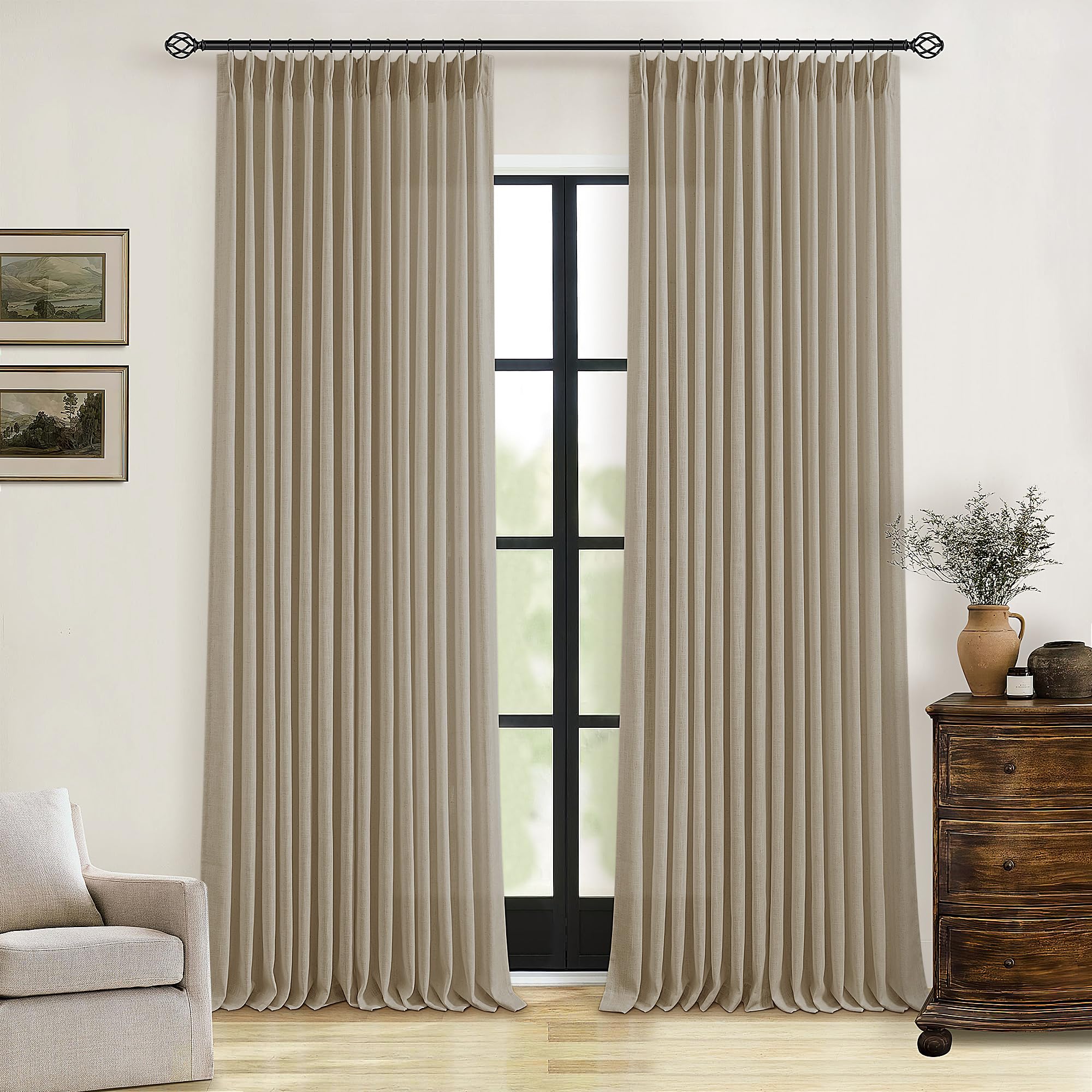 Photo 1 of Pinch Pleated Linen Curtains 102 Inches Long 2 Panels Set for Living Room Bedroom Farmhouse Burlap Back Tab Pinch Pleat Drapes Ceiling Floor Window Curtains 102 Inch Length Gray Beige Tan Neutral