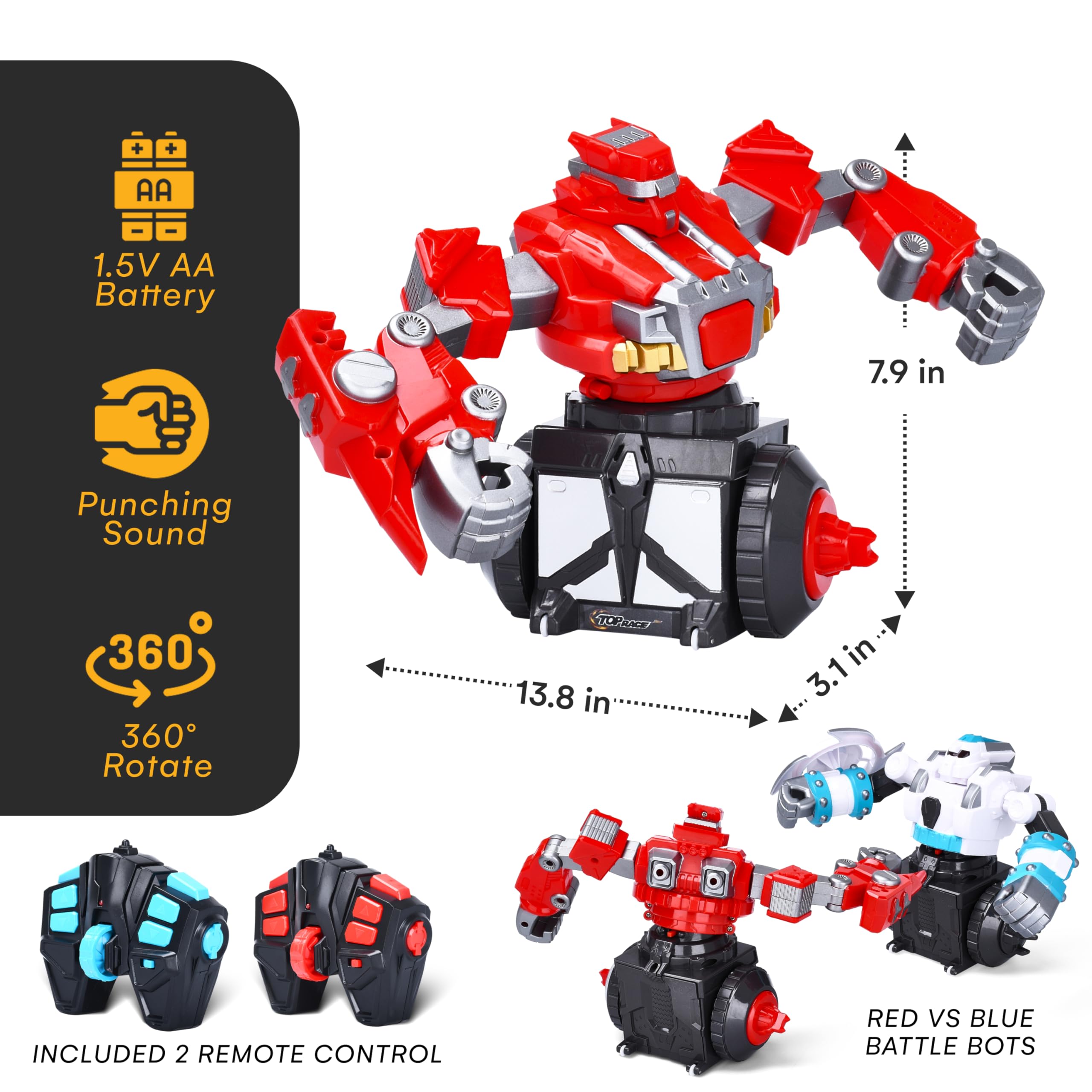 Top Race Remote Control Fighting Toy – 2-Pack Red & Blue RC Robots with Lights, Sounds & 360° Rotation – Interactive Intelligent Playset for Kids – Fun Remote-Controlled Battle Action
