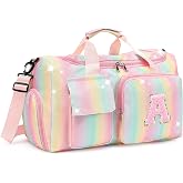 HuiLeo Birthday Gift for Teen Girl Gifts Trendy Stuff, Kids Duffle Bag | Girls Initial Travel Gym Bag with Shoes Compartment | Personalized Weekender Bags,Rainbow