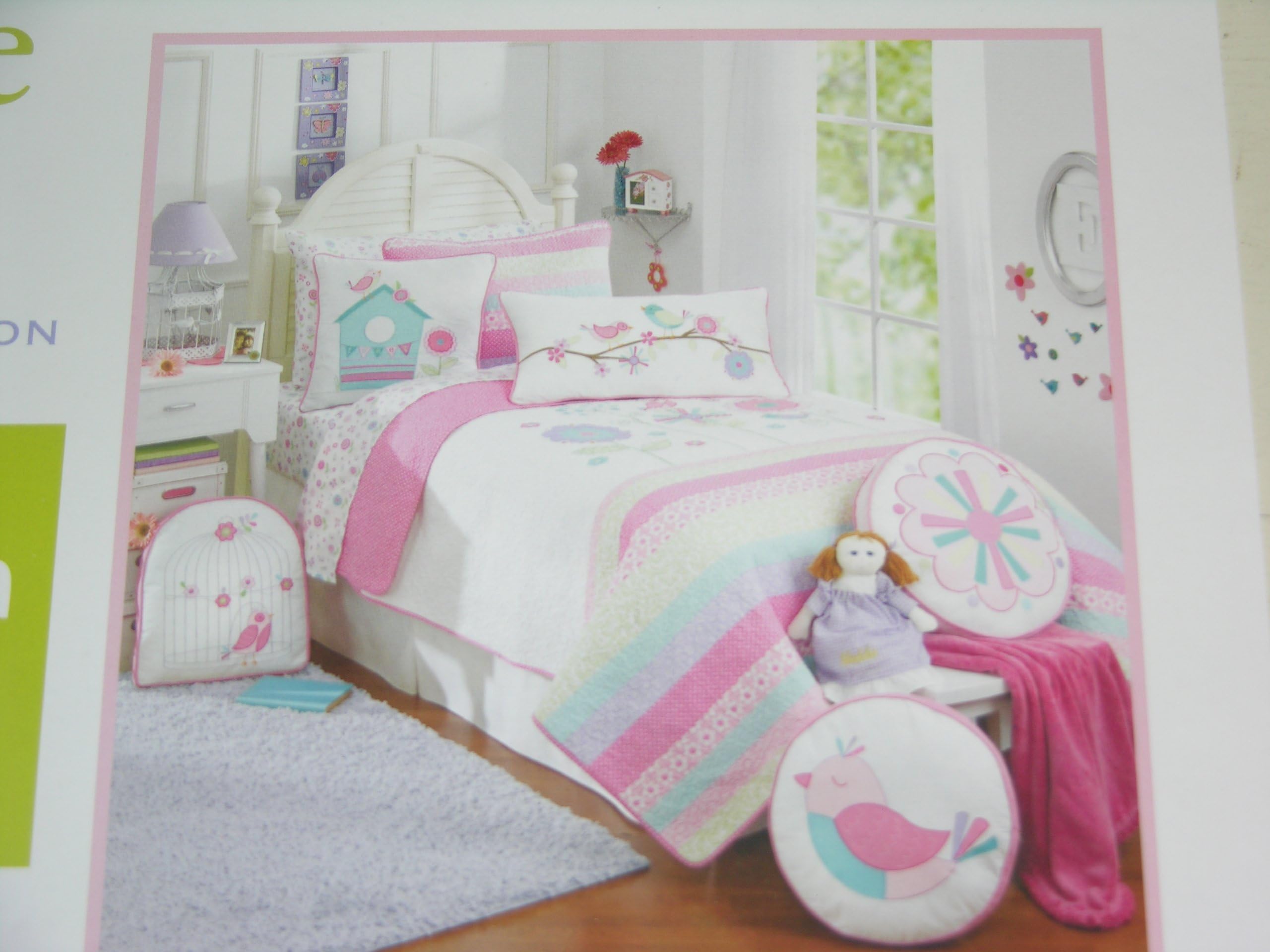 Maggie Miller Childrens Collection Pink Pastel Birds and Flowers Twin Quilt - Green Blue Purple