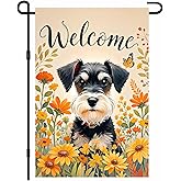BlissYard Spring Summer Garden Flag 12x18 Inch Welcome Schnauzer Dog Outdoor Flag Double Sided Yard Banner with Orange Wildflowers and Butterfly for Porch Lawn Patio Fall Harvest Decor